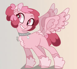 Size: 1805x1628 | Tagged: safe, artist:caramelbolt24, imported from derpibooru, oc, oc only, pegasus, pony, chest fluff, choker, grin, hoof fluff, pegasus oc, signature, smiling, solo, wings