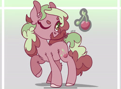 Size: 2275x1668 | Tagged: safe, artist:caramelbolt24, imported from derpibooru, oc, oc only, oc:cherry pop, earth pony, pony, cherry, chest fluff, colored hooves, earth pony oc, female, food, magical lesbian spawn, mare, offspring, one eye closed, parent:applejack, parent:pinkie pie, parents:applepie, raised hoof, signature, solo, wink