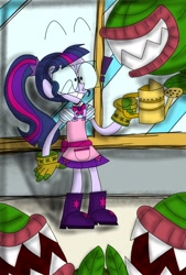 Size: 1280x1890 | Tagged: safe, artist:animeteor, imported from derpibooru, sci-twi, twilight sparkle, equestria girls, equestria girls series, my little shop of horrors, exclamation point, greenhouse, little shop of horrors, plant, reference, scared, this will not end well, watering can