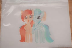 Size: 891x595 | Tagged: safe, artist:lillycloudart, imported from derpibooru, oc, oc only, oc:lily cloud, pegasus, pony, duo, female, hug, jewelry, mare, necklace, one eye closed, open mouth, pegasus oc, smiling, solo, traditional art, winghug, wings, wink