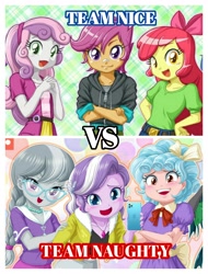 Size: 2522x3326 | Tagged: safe, artist:uotapo, edit, imported from derpibooru, apple bloom, cozy glow, diamond tiara, scootaloo, silver spoon, sweetie belle, equestria girls, clothes, cutie mark crusaders, female, versus