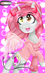 Size: 1080x1770 | Tagged: safe, artist:juliet-gwolf18, imported from derpibooru, oc, oc only, alicorn, pony, abstract background, alicorn oc, clothes, devil horns, heart eyes, heterochromia, hoodie, horn, looking at you, open mouth, raised hoof, smiling, solo, wingding eyes, wings