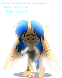 Size: 1208x1500 | Tagged: safe, artist:juliet-gwolf18, imported from derpibooru, oc, oc only, oc:sketchy, alicorn, pony, alicorn oc, clothes, crying, eyelashes, eyes closed, female, horn, mare, simple background, solo, spread wings, talking, tattoo, white background, wings