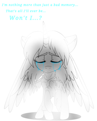 Size: 1208x1500 | Tagged: safe, alternate version, artist:juliet-gwolf18, imported from derpibooru, oc, oc only, oc:sketchy, alicorn, pony, alicorn oc, clothes, crying, eyelashes, eyes closed, female, horn, limited palette, mare, simple background, solo, spread wings, talking, tattoo, white background, wings