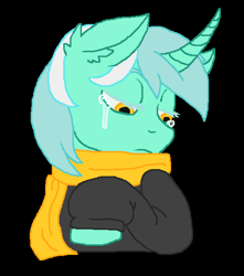 Size: 486x550 | Tagged: safe, artist:theedgyduck, imported from derpibooru, lyra heartstrings, pony, unicorn, fanfic:background pony, black background, clothes, crying, curved horn, dig the swell hoodie, ear fluff, eyelashes, female, hoodie, horn, mare, ms paint, scarf, simple background, solo