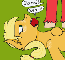 Size: 596x550 | Tagged: safe, artist:theedgyduck, imported from derpibooru, applejack, big macintosh, earth pony, apple, bored, dialogue, eeyup, female, food, freckles, male, mare, missing hat, ms paint, offscreen character, simple background, stallion, unshorn fetlocks