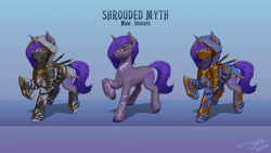 Size: 3500x1969 | Tagged: safe, artist:1jaz, imported from derpibooru, oc, oc only, oc:shrouded myth, unicorn, armor, assassin, commission, male, markings, reference sheet, scar, stallion, text, weapon