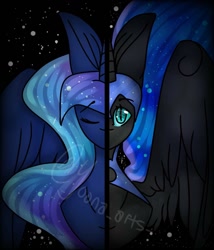 Size: 876x1024 | Tagged: safe, artist:yoonah, imported from derpibooru, nightmare moon, princess luna, alicorn, pony, duality, ethereal mane, female, helmet, horn, mare, night, peytral, shooting star, signature, smiling, smirk, split screen, spread wings, starry mane, stars, wings