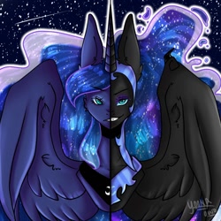 Size: 1024x1024 | Tagged: safe, artist:yoonah, imported from derpibooru, nightmare moon, princess luna, alicorn, pony, duality, ethereal mane, female, helmet, horn, mare, night, peytral, shooting star, signature, smiling, smirk, split screen, spread wings, starry mane, stars, wings