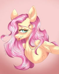 Size: 1080x1350 | Tagged: safe, artist:ulnessity, imported from derpibooru, fluttershy, pegasus, pony, bedroom eyes, bust, ear fluff, eyelashes, female, gradient background, mare, solo, tongue out, wings