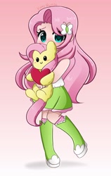 Size: 2589x4096 | Tagged: safe, artist:kittyrosie, imported from derpibooru, fluttershy, human, pony, equestria girls, blushing, butterfly hairpin, clothes, cute, daaaaaaaaaaaw, digital art, female, heart, heart eyes, human coloration, human ponidox, humanized, looking at you, plushie, self ponidox, shy, shyabetes, signature, solo, weapons-grade cute, wingding eyes