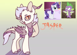 Size: 2257x1628 | Tagged: safe, artist:caramelbolt24, imported from derpibooru, rarity, spike, oc, oc:jasper, dracony, dragon, hybrid, pony, unicorn, bat wings, claw hooves, dragon wings, ear fluff, female, gradient background, horn, horns, interspecies offspring, looking up, male, mare, offspring, open mouth, parent:rarity, parent:spike, parents:sparity, screencap reference, shipping, smiling, sparity, straight, winged spike, wings