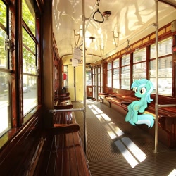 Size: 1080x1080 | Tagged: safe, artist:milli_eponafest, imported from derpibooru, lyra heartstrings, pony, unicorn, irl, italy, meme, milan, photo, ponies in real life, sitting, sitting lyra, solo, tram