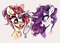 Size: 4093x2894 | Tagged: safe, artist:shore2020, imported from derpibooru, moondancer, rarity, pony, unicorn, alternate hairstyle, duo, eye clipping through hair, female, glasses, hand mirror, jewelry, mare, mirror, necklace, open mouth, simple background, sparkles