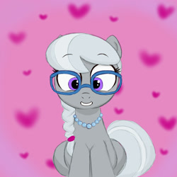 Size: 2000x2000 | Tagged: safe, artist:aa, imported from derpibooru, silver spoon, earth pony, pony, eyebrows, eyebrows visible through hair, female, filly, glasses, heart, looking at you, sitting, smiling, smiling at you, solo