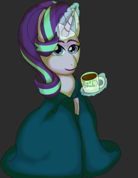 Size: 1700x2190 | Tagged: safe, artist:zhaozoharex, imported from derpibooru, starlight glimmer, pony, unicorn, blanket, chocolate, clip studio paint, digital art, female, food, hot chocolate, signature, simple background, solo