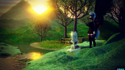 Size: 2560x1439 | Tagged: safe, artist:nyaasapphire, artist:whackysquire, imported from derpibooru, oc, oc only, oc:arctic flurry, oc:prism bolt, anthro, 3d, clothes, grass, hill, river, scenery, sitting, standing, tree, water