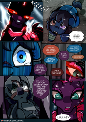 Size: 2480x3508 | Tagged: safe, artist:dsana, imported from derpibooru, fizzlepop berrytwist, tempest shadow, oc, oc:lullaby dusk, pegasus, pony, unicorn, comic:a storm's lullaby, armor, bandaged leg, comic, corrupted, crying, crystal armor, dark magic, duo, duo female, female, filly, flashback, glowing eyes, hoof on belly, horn, lightning, magic, mare, muzzle, oh crap, open mouth, realization, scar, shivering, solo, teary eyes, tempest gets her horn back