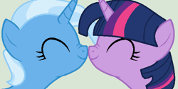 Size: 592x298 | Tagged: safe, artist:jadeharmony, artist:jadethepegasus, imported from derpibooru, trixie, twilight sparkle, boop, female, lesbian, nose wrinkle, noseboop, nuzzling, shipping, twixie