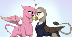 Size: 2350x1214 | Tagged: safe, artist:freyatokage, imported from derpibooru, oc, oc:gabriela eagleclaw, oc:hera eichberg, griffon, equestria at war mod, clothes, colored wings, colored wingtips, female, griffon oc, heart, implied lesbian, shipping, simple background, suit, wings