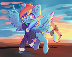 Size: 1000x800 | Tagged: safe, artist:valeria_fills, imported from derpibooru, rainbow dash, pegasus, pony, bow, bowtie, clothes, cutie mark, dawn, digital art, female, hooves, looking away, mare, rainbow dash always dresses in style, sky, solo, spread wings, tail, tail bow, unamused, wings
