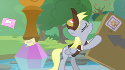 Size: 1920x1080 | Tagged: safe, imported from derpibooru, screencap, derpy hooves, pegasus, pony, the point of no return, bipedal, eyes closed, female, hat, mailmare, mailmare hat, mailmare uniform, mare, package, pushing, solo