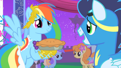 Size: 1920x1080 | Tagged: safe, imported from derpibooru, screencap, carrot top, diamond mint, golden harvest, rainbow dash, soarin', earth pony, pegasus, pony, unicorn, the best night ever, apple, apple pie, clothes, dress, duo, female, food, gala dress, male, mare, pie, stallion