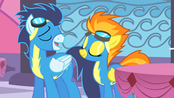 Size: 1920x1080 | Tagged: safe, imported from derpibooru, screencap, soarin', spitfire, pegasus, pony, the best night ever, clothes, duo, eyes closed, female, goggles, male, mare, open mouth, stallion, uniform, wonderbolts uniform