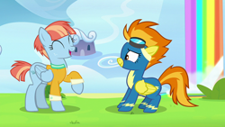 Size: 1920x1080 | Tagged: safe, imported from derpibooru, screencap, spitfire, windy whistles, pegasus, pony, parental glideance, clothes, cloudsdale, duo, duo female, female, goggles, mare, open mouth, rainbow waterfall, raised hoof, uneasy, uniform, wonderbolts uniform