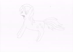 Size: 7008x4976 | Tagged: safe, artist:frequencywavelength, imported from derpibooru, oc, oc only, oc:cosmic spark, pony, unicorn, comments locked down, female, lineart, mare, monochrome, pencil drawing, shocked, solo, traditional art