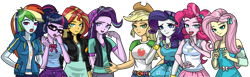 Size: 1024x317 | Tagged: safe, artist:emeraldblast63, imported from derpibooru, applejack, fluttershy, pinkie pie, rainbow dash, rarity, sci-twi, starlight glimmer, sunset shimmer, twilight sparkle, equestria girls, crossover, danganronpa, humane five, humane seven, humane six, mane six, simple background, transparent background