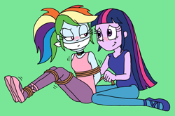 Size: 2242x1479 | Tagged: safe, artist:bugssonicx, imported from derpibooru, rainbow dash, twilight sparkle, equestria girls, arm behind back, ballerina, blushing, bondage, bound and gagged, cloth gag, female, gag, lesbian, rainbond dash, rainbowrina, rope, rope bondage, shipping, tied up, twidash, twilarina