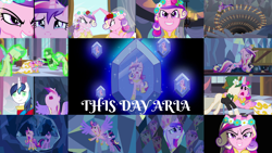 Size: 1978x1113 | Tagged: safe, edit, edited screencap, editor:quoterific, imported from derpibooru, screencap, princess cadance, queen chrysalis, shining armor, twilight sparkle, alicorn, pony, unicorn, a canterlot wedding, season 2, cart, clone, clothes, crying, disguise, disguised changeling, dress, duo, duo female, evil, eyes closed, fake cadance, female, flying, glowing horn, gritted teeth, horn, magic, magic aura, male, nose in the air, open mouth, running, singing, solo, song, teeth, this day aria, unicorn twilight, wedding dress