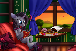 Size: 2400x1600 | Tagged: safe, artist:redahfuhrerking, imported from derpibooru, oleander, classical unicorn, unicorn, them's fightin' herds, book, box, chair, cloven hooves, community related, curtains, cute, donut, female, food, grass, kite, leonine tail, mare, oleander (tfh), solo, table, train, tree, unicornomicon, unshorn fetlocks