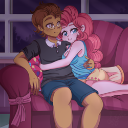 Size: 2000x2000 | Tagged: safe, artist:lucy-tan, imported from derpibooru, imported from ponybooru, pinkie pie, oc, oc:copper plume, equestria girls, breasts, canon x oc, cleavage, clothes, commission, commissioner:imperfectxiii, copperpie, couch, cuddling, cute, diapinkes, female, indoors, male, netflix and chill, shipping, shirt, shorts, sitting, squishy cheeks, straight, window