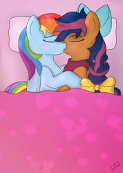 Size: 732x1028 | Tagged: safe, artist:limedreaming, imported from derpibooru, rainbow dash, oc, oc:solar comet, pegasus, pony, bed, bow, braid, canon x oc, disguise, disguised changedling, eyelashes, eyes closed, female, freckles, hair bow, kissing, lesbian, mane bow, pillow, shipping, under covers