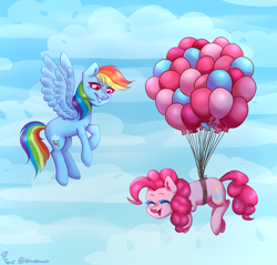 Size: 2963x2833 | Tagged: safe, artist:zowzowo, imported from derpibooru, pinkie pie, rainbow dash, earth pony, pegasus, pony, balloon, cute, female, floating, flying, lesbian, pinkiedash, shipping, then watch her balloons lift her up to the sky