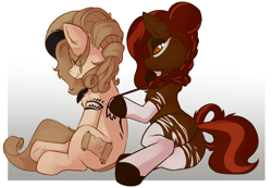 Size: 2916x2022 | Tagged: safe, artist:beardie, imported from derpibooru, oc, oc only, oc:hyra glyph, oc:teuila, earth pony, okapi, pony, braid, dark skin, duo, eyes closed, sitting, tattoo