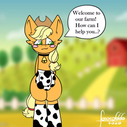 Size: 1950x1950 | Tagged: safe, artist:foxxo666, imported from derpibooru, applejack, earth pony, pony, apron, bell, bell collar, bipedal, blush sticker, blushing, clothes, collar, cowbell, cowprint, cute, dialogue, maid