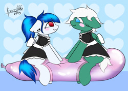 Size: 1400x1000 | Tagged: safe, artist:foxxo666, imported from derpibooru, oc, oc:cuddle cruise, oc:maudlin chagrin, pony, balloon, balloon fetish, balloon riding, balloon sitting, clothes, couple, fetish, looking at each other, maid, party balloon, play, that pony sure does love balloons