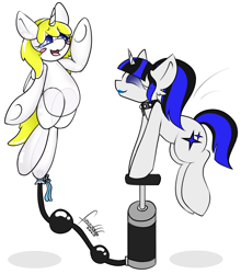 Size: 2200x2500 | Tagged: safe, artist:foxxo666, imported from derpibooru, oc, oc only, oc:coldlight bluestar, oc:deadie, balloon pony, inflatable pony, pony, balloon, balloon fetish, blushing, fetish, floating, hose bulges, inflatable, inflation, pump