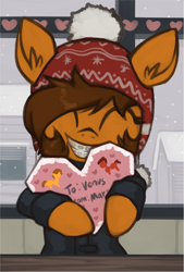 Size: 1054x1559 | Tagged: safe, artist:marsminer, imported from derpibooru, oc, oc only, oc:venus spring, pony, braces, cute, female, filly, happy, hearts and hooves day, heartwarming, holiday, ocbetes, smiling, solo, valentine's day, venus spring actually having a pretty good time