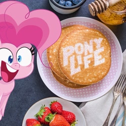 Size: 899x899 | Tagged: safe, imported from derpibooru, pinkie pie, earth pony, pony, my little pony: pony life, food, g4.5, official, pancake day, pancakes, photo, pony life, solo, strawberry