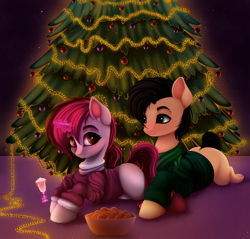 Size: 4072x3897 | Tagged: safe, artist:vetta, imported from derpibooru, oc, oc only, oc:judge, oc:kosh, oc:vetta, earth pony, pony, unicorn, alcohol, blank flank, bowl, carpet, champagne, christmas, christmas lights, christmas tree, clothes, couple, earth pony oc, female, fruit, holiday, horn, looking at each other, looking at you, lying down, magic, male, mare, new years eve, ponytail, prone, smiling, socks, stallion, sweater, tangerine, telekinesis, tree, unicorn oc, wine