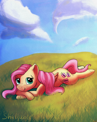 Size: 1920x2400 | Tagged: safe, artist:shaliwolf, imported from derpibooru, fluttershy, pegasus, pony, blushing, cute, daaaaaaaaaaaw, female, folded wings, grass, high res, looking at you, lying down, mare, outdoors, prone, scenery, scenery porn, shyabetes, sky, smiling, solo, three quarter view, wings