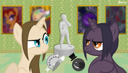 Size: 700x400 | Tagged: safe, artist:heartstringsxiii, imported from derpibooru, oc, oc:magic brush, oc:midnight shade, unicorn, cutie mark, horn, looking at each other, michelangelo, museum, pictures, rivalry, statue, unicorn oc