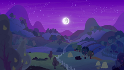 Size: 1280x720 | Tagged: safe, imported from derpibooru, screencap, season 7, the perfect pear, apple, apple tree, background, fence, food, hay bale, mare in the moon, moon, night, no pony, pear tree, scenic ponyville, sweet apple acres, tree