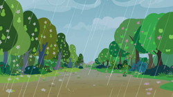 Size: 1280x720 | Tagged: safe, imported from derpibooru, screencap, the perfect pear, background, cloud, no pony, pear tree, rain, scenic ponyville, tree