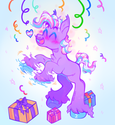 Size: 1168x1266 | Tagged: safe, artist:occultusion, artist:onionpwder, imported from derpibooru, razzaroo, earth pony, pony, alternate hairstyle, autism, bipedal, blank flank, confetti, eyes closed, g3, headcanon, heart, lgbt, lgbt headcanon, male, neurodivergent, neurodivergent headcanon, open mouth, party, present, pride, pride flag, raised hoof, solo, stallion, stimming, streamers, trans male, transgender, transgender pride flag, unshorn fetlocks