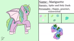 Size: 1280x720 | Tagged: safe, artist:schumette14, imported from derpibooru, oc, oc:mariguette, dragon, hybrid, unicorn, crystal, first design, food, interspecies offspring, next generation, offspring, parent:holy dash, parent:spike, parents:holyspike, parents:spikly, strawberry